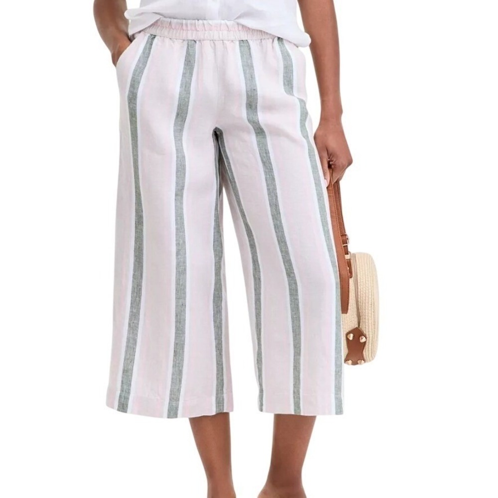 NWT Charter Club  Linen Crop Pants XL Green Pink Stripe Wide Leg Summer Pull on